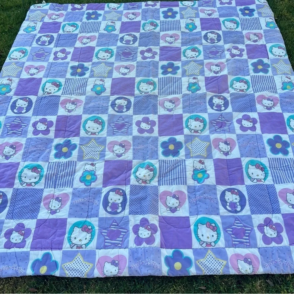 Y2K Sanrio Hello Kitty Checkerboard Patchwork Stripe Reversible Comforter READ